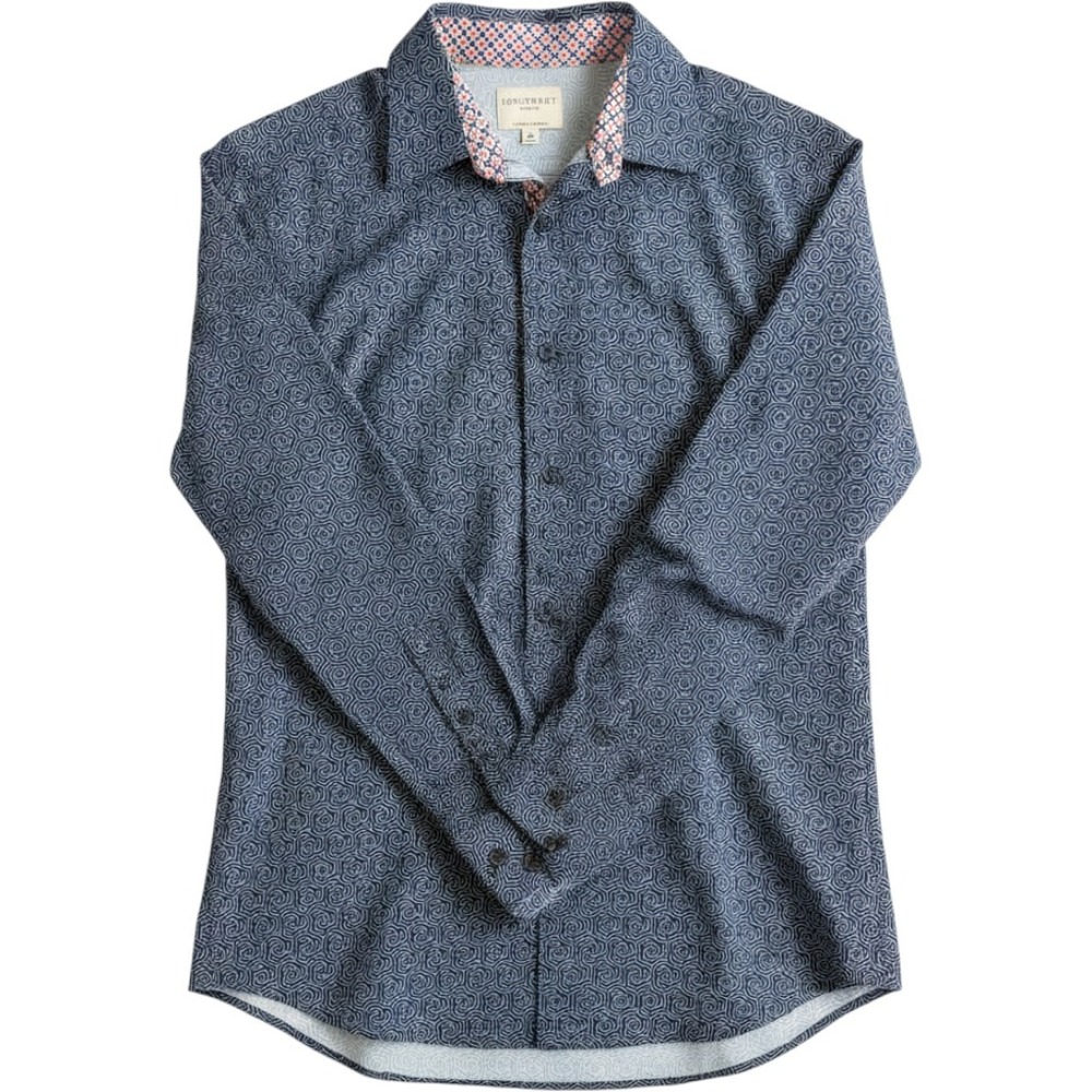 Construct Mens Slim Fit 4-Way Stretch Geometric Hexagon Button Down Shirt Navy M